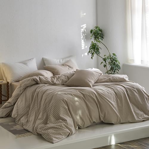MooMee Striped Duvet Cover Set 100% Washed Cotton Linen Like Textured Breathable Durable Soft Comfy (Tannish Linen Grey White Wide Stripes, Queen 90"x90") MooMee