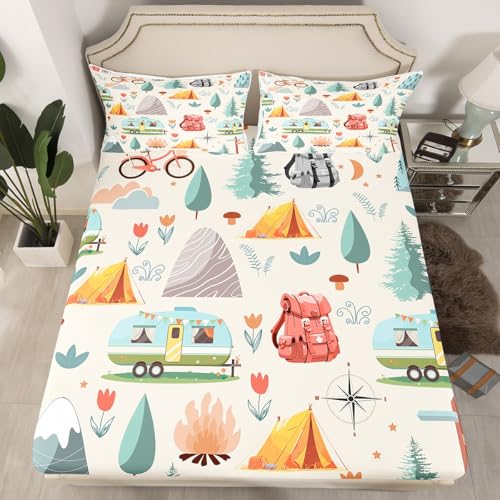 Erosebridal Summer Camp Camper King Bed Sheets for Kids Child Camping Adventure Bedding Set for Boys Girls Bedroom Travel Car Rv Accessories Sheet Set Botanical Flowers Mountain Top Sheet,4 Pcs Erosebridal