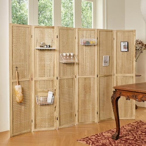 Pegboard Display, 5.6Ft Portable Freestanding Wall Organizer Wooden Room Divider Folding Privacy Screens for Craft Art Display Board (6panels, Natural) Svimi