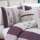 Chezmoi Collection Linnea 7-Piece Luxury Purple Lavender Gray Cherry Blossom Floral Embroidery Comforter Set, Queen Chezmoi Collection