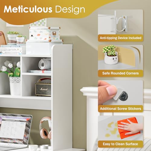 SUPER DEAL Desktop Bookshelf, Countertop Storage Hutch with 4 Shelves for Computer Desk, 2-Tier Display Rack, Multipurpose Wood Desk Hutch Storage Organizer for Home Office Dorm, White SUPER DEAL