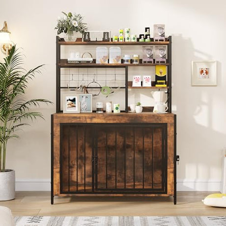 Halitaa 38.6" Dog Crate Furniture with Storage Shelves, Double Doors, Heavy Duty Dog Kennel Furniture for Large/Medium/Small Dogs, Wooden Dog Cage Pet House with Hooks, Rustic Brown Halitaa