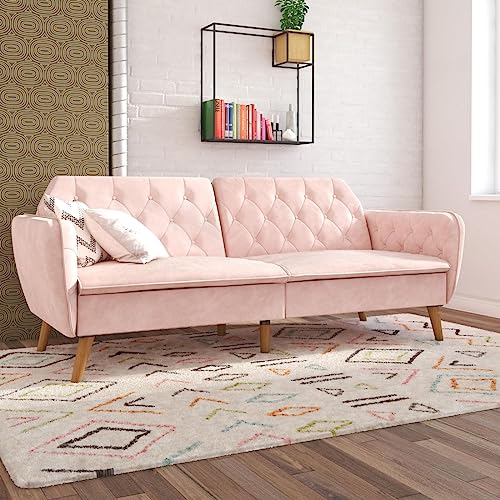 Novogratz Tallulah Memory Foam Futon, Convertible Couch, Pink Velvet Novogratz
