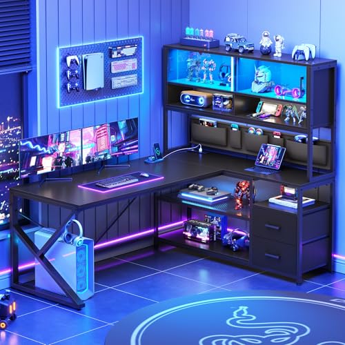 SEDETA L Shaped Gaming Desk, Home Office Computer Desk with 2 Drawer and Bookshelf, L Shaped Gaming Desk with LED Light, Glass Cabinet and Storage Bag, Corner Desk with Storage Shelves, Black SEDETA