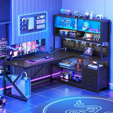 SEDETA L Shaped Gaming Desk, Home Office Computer Desk with 2 Drawer and Bookshelf, L Shaped Gaming Desk with LED Light, Glass Cabinet and Storage Bag, Corner Desk with Storage Shelves, Black SEDETA