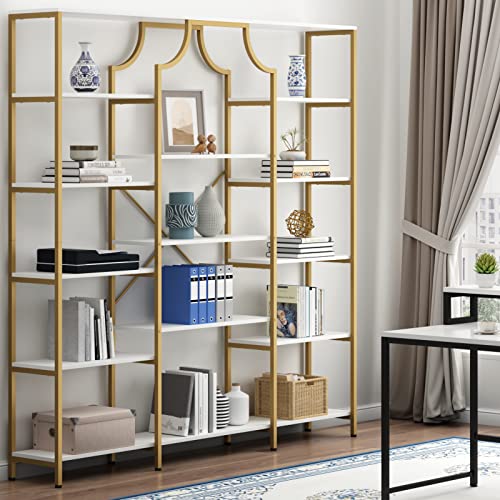 Loomie Gold & White Triple Wide Bookshelf with 13 Open Shelves - Modern Etagere Bookcase for Any Room - WoodArtSupply