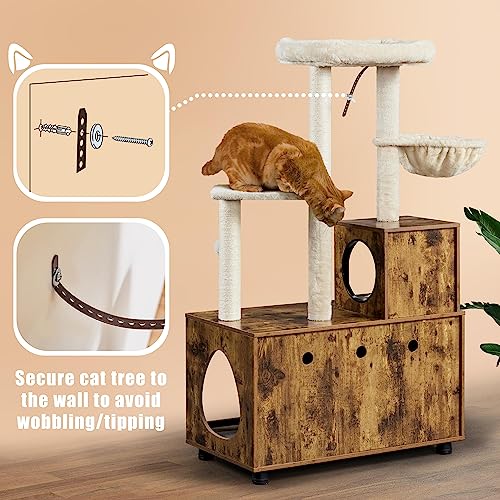 Yaheetech Cat Tree with Litter Box Enclosure, 2-in-1 Cat Tower with Condo & Scratching Post, 53in Tall Cat Tree for Indoor Large Cats, Cat Activity Center, Rustic Brown/Beige