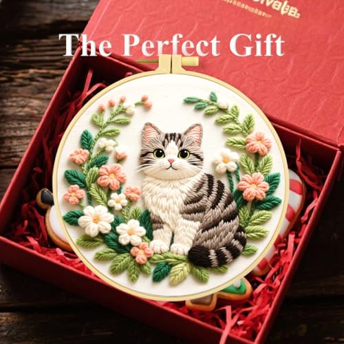 Zhenqing Gray Cat Embroidery Kit for Beginners, Pre-Printed 29x29cm Cotton Fabric with 20cm Hoop, Cute Striped Cat in Floral Wreath Design (C0245)