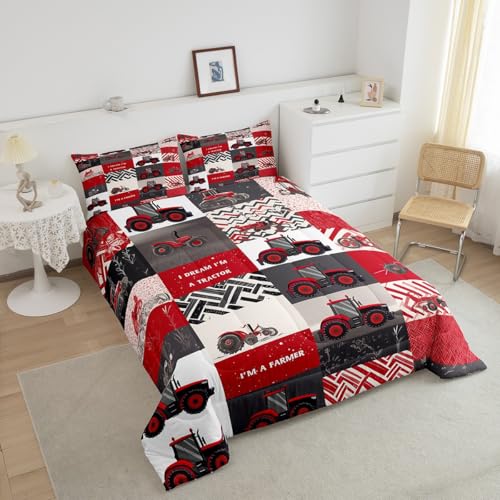 Erosebridal Kids Tractor Comforter Set for Boys Girls Red Cartoon Tractor Bedding Set Twin Farm Vehicle Truck Down Comforter Equipment Construction Duvet Insert Rustic Geometric Plaid Room Decor Erosebridal