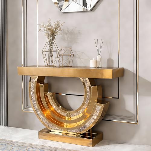 MELAABUU Mirrored Console Table, 42.9" Brown Rectangle Sofa Table with Sparkling Crystal 3C Shaped Base, Modern Luxury Mirrored Furniture with Diamond Glass Effects for Entryway Hallway Entrance MELAABUU