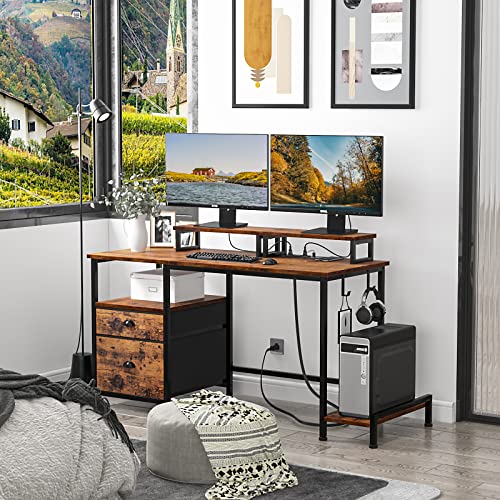 Furologee Computer Desk with Drawer and Power Outlets, 47" Office Desk with 2 Monitor Stands and Fabric File Cabinet, Writing Gaming Table with Shelves and 2 Hooks for Home Office, Rustic Brown Furologee