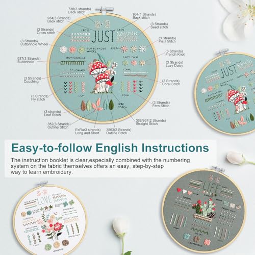 KintKita 3 Sets Embroidery Kit for Beginners to Learn 36 Basic Embroidery Stitches Practice Kit,Hand Embroidery Cross Stitch Kits for Beginners with Embroidery Patterns, Hoop,Threads,Tools