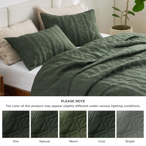 Bedsure 100% Cotton Quilt Set - Queen Size Bedspread, Lightweight Soft Bed Coverlet, 3-Piece Cozy Stitching Quilt Set with 2 Pillow Shams in Geometric Pattern for All Season, 90x96 inches, Olive Green Bedsure