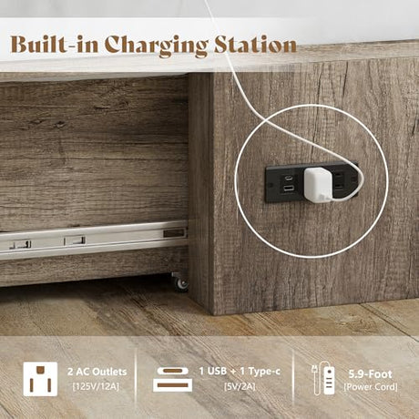 AMERLIFE Twin Size Murphy Bed, Farmhouse Wooden Cabinet with Charging Station and Storage Drawer for Bedroom/Office/Guest Room, Grey Oak AMERLIFE