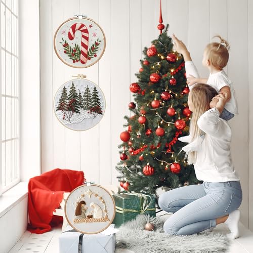 MAZAOTEU Christmas Embroidery Kits for Adults Beginners, Christmas Cross Stitch Kits, Needlepoint Ornament Holiday Embroidery Kit, Adult Crafts for Women DIY Hand Crossstitching Kits (Cat)