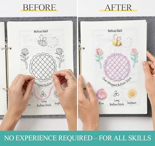 ilauke Upgraded Embroidery Stitch Book Loose-Leaf 7x8 inch, Embroidery Kit for Beginner Adults 106 Patterns, DIY Sewing Books Kit with Supplies & Tutorials, Easy to Practice
