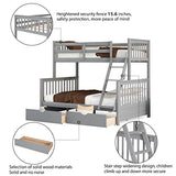 Merax Wood Bunk Bed with Drawers,Convertible Wood Bunk Bed with Ladders and Two Storage Drawers,Solid Wood Detachable Bed Frame with Ladders,Twin Over Full Size,Grey Merax