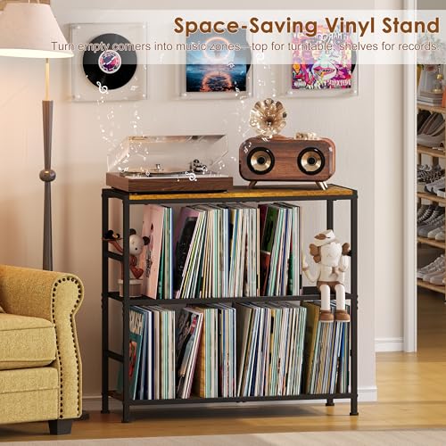 Sonyabecca Record Player Stand with 4 Adjustable Dividers, Vinyl Record Storage Up to 350 Albums, 3-Tier Vinyl Storage Holder with Open Wooden Desktop for Living Room, Bedroom Sonyabecca