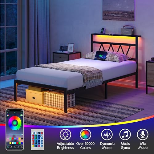 HuaYing Twin Bed Frame with Smart LED Lights, Storage Headboard and USB Charging Station,Heavy Duty Wooden Slats, No Box Spring Needed, Noise Free, Easy Assembly (Classic Black, Twin) HuaYing