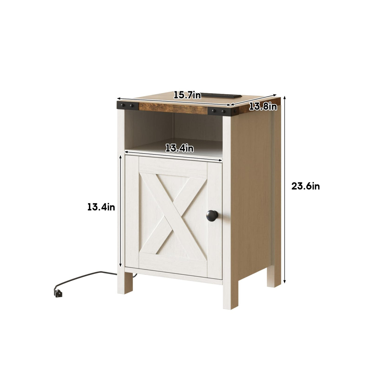 Fameill Nightstands Set of 2, Farmhouse End Tables with Charging Station, Bedside Tables with Barn Door and Shelf, Rustic Living Room Bedroom Side Table, Modern White Fameill