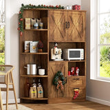 SUNLEI 60.4" Tall Kitchen Pantry Storage Cabinet with Microwave Shelf, Freestanding Farmhouse Kitchen Pantry, Wooden Pantry Cupboard Storage with Drawers and Open Shelves for Dining Room, Brown SUNLEI