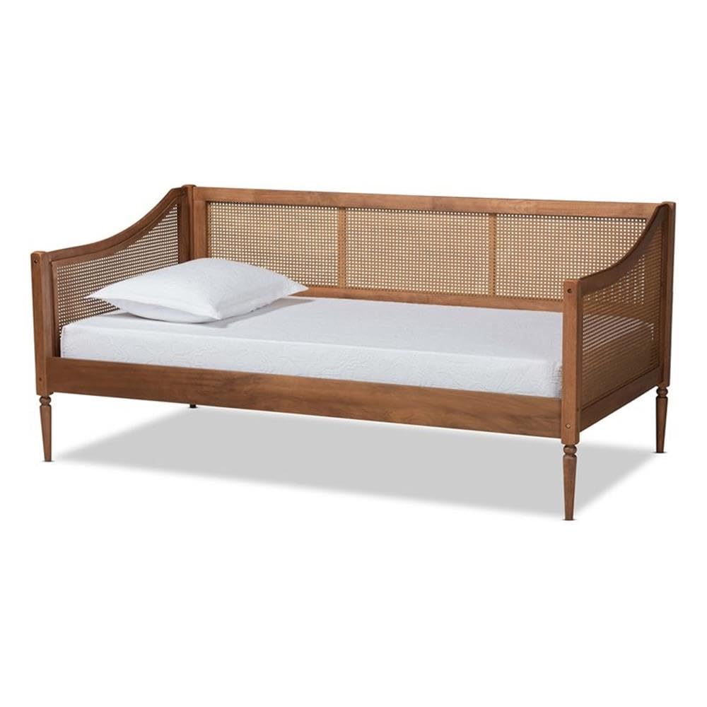 Baxton Studio Ogden Mid-Century Modern Walnut Brown Finished Wood and Synthetic Rattan Twin Size Daybed Baxton Studio