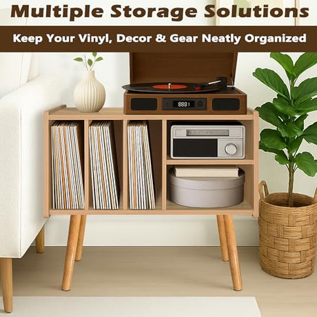 Montex Record Player Stand with Vinyl Storage, Wooden Record Player Table with 5 Cabinet, Large Vinyl Record Player Stand, Record Player Holder, Record Player Shelf for Office Living Room, Oak Montex
