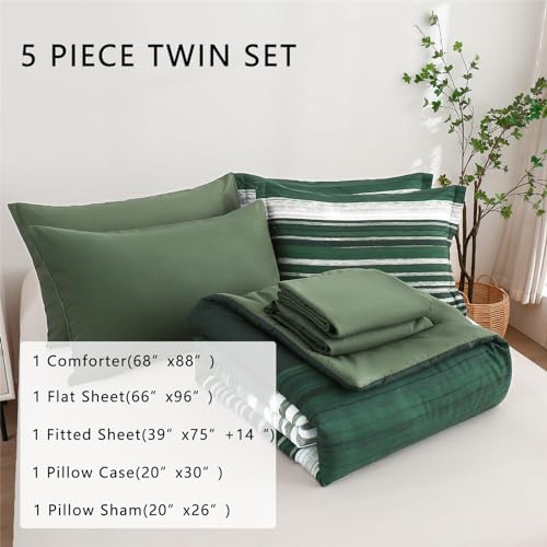 KAKIJUMN 5 Piece Bed in a Bag Stripe Comforter Set Twin Size, White Grey Green Patchwork Striped Comforter and Sheet Set, All Season Soft Microfiber Complete Bedding Sets(Dark Green,Twin) KAKIJUMN