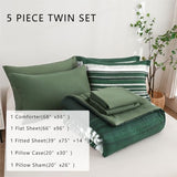 KAKIJUMN 5 Piece Bed in a Bag Stripe Comforter Set Twin Size, White Grey Green Patchwork Striped Comforter and Sheet Set, All Season Soft Microfiber Complete Bedding Sets(Dark Green,Twin) KAKIJUMN