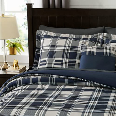 MaiRêve Queen Size Comforter Set Navy Blue, Classic Plaid Farmhouse 7 Pieces Bedding Set, All Season Lightweight Bed in a Bag with Sheets, Pillowcases & Shams MaiRêve