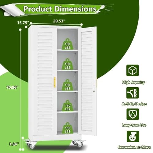 Tokawa 71’’H Metal Garage Storage Cabinet with Wheels, Metal Storage Cabinet with Louvered Doors, Rolling Tool Cabinet with Adjustable Shelves, Large Utility Cabinet for Office,Garage,Kitchen（White） Tokawa
