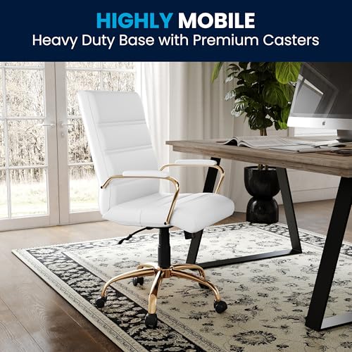 Flash Furniture Whitney Mid-Back Swivel LeatherSoft Desk Chair with Padded Seat and Armrests, Adjustable Height Padded Office Chair, White/Gold Flash Furniture