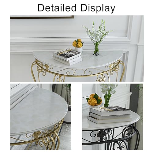 PFJERSIYC Half Moon Console Table with Metal Scroll Legs, Faux Marble Top Entryway Table, Semi Circle Sofa Accent Foyer Table for Living Room, Hallway, Entrance, Small Spaces(Gold,24x12x27.5in) PFJERSIYC