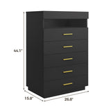 BTHFST Black Dresser with LED Lights, Floating Tall Dresser with 5 Large Drawers & Open Storage Space & Pull Out Tray, 5 Drawer Dresser Wood, Chest of Drawers for Bedroom, Living Room BTHFST