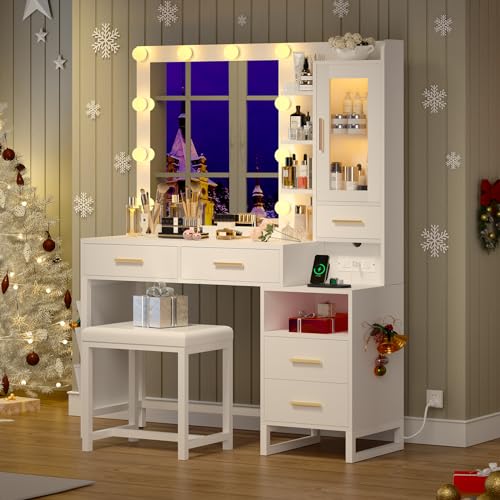 Dnxao Makeup Vanity Desk with Mirror and Lights & Charging Station, White Vanity Makeup Table Set, RGB LED Cabinet, 5 Drawers & Side Storage Bag, Vanity Mirror with Lights Desk and Chair for Bedroom