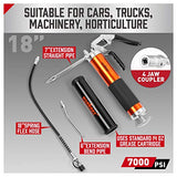 HORUSDY Heavy Duty Grease Gun with 14oz Grease Tubes | Grease Gun Flexible Hose | 7000 PSI | 18 Inch Spring Flex Hose | 2 Working Coupler | 2 Extension Rigid and 1 Sharp Type Nozzle Included HORUSDY