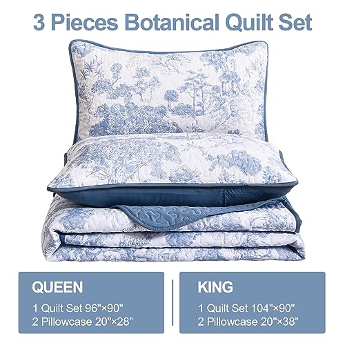 WONGS BEDDING Blue Quilt Set King Size, 3 Pieces Botanical Bedspreads Set Lightweight Microfiber Blue Toile Plants Pattern Coverlet Home Decor for All Seasons(104"×90") WONGS BEDDING