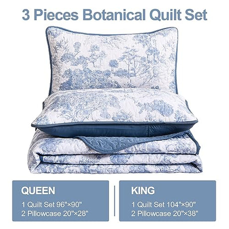 WONGS BEDDING Blue Quilt Set Queen Size, 3 Pieces Botanical Bedspreads Set Lightweight Microfiber Blue Toile Plants Pattern Coverlet Home Decor for All Seasons(96"×90") WONGS BEDDING