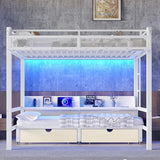 Bellemave Queen Over Queen Bunk Bed Frame with Storage Shelves & Drawers, Metal Bunk Bed Queen Over Queen with Charging Station & LED Lights, Space-Saving Beds Frame Convertible to Sofa Design, White Bellemave