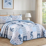 Anibedding Blue Patchwork Quilt Set King Size Boho Floral Plaid Bedspread Coverlet Set, Farmhouse Soft Microfiber Bedding Set, Blue Summer Bed Cover with 2 Pillowcases for All Season Anibedding