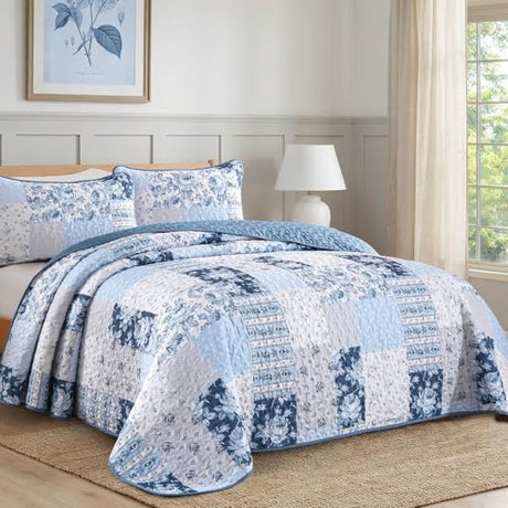 Anibedding Blue Patchwork Quilt Set King Size Boho Floral Plaid Bedspread Coverlet Set, Farmhouse Soft Microfiber Bedding Set, Blue Summer Bed Cover with 2 Pillowcases for All Season Anibedding