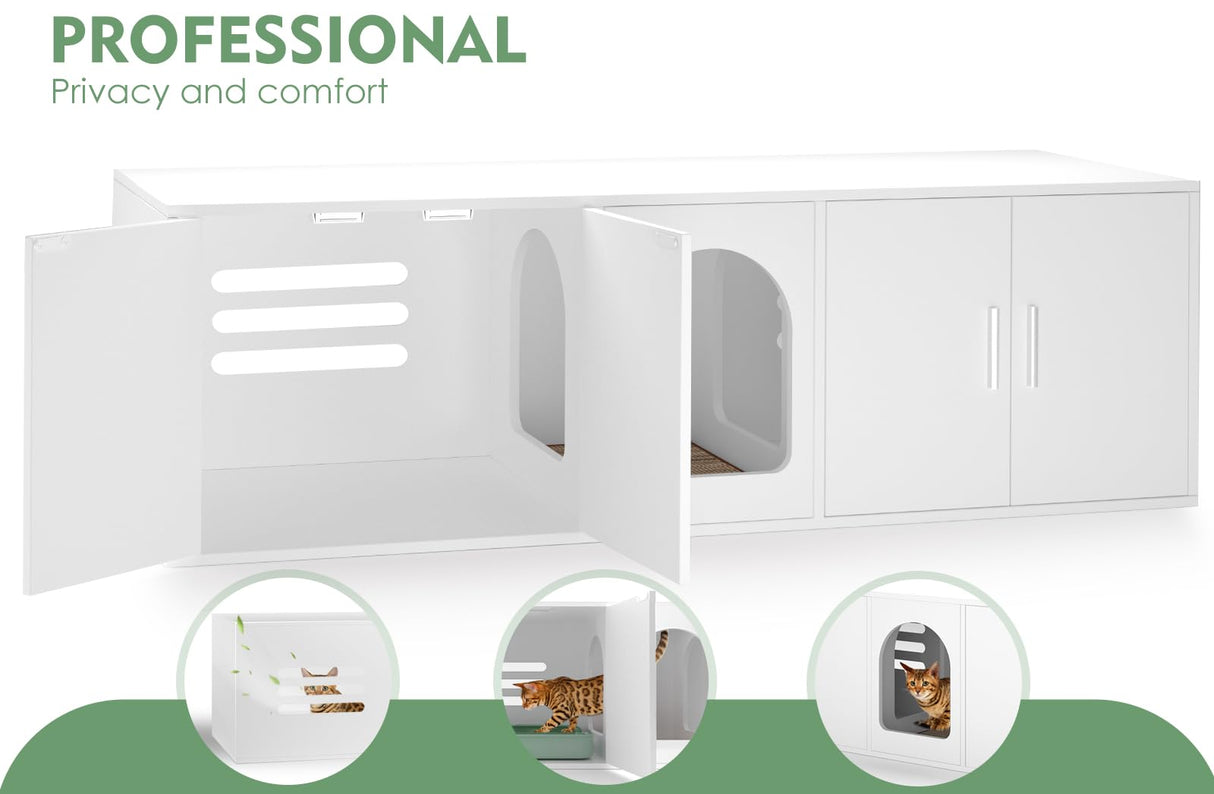 Amunrbrek Litter Box Enclosure for 2 Cats, Cat Litter Box Enclosure Furniture with Double Room, Wooden Litter Box Furniture with Cat Door, White amunrbrek