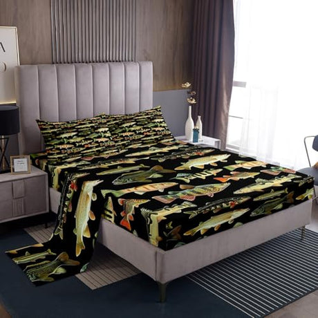 Feelyou Kids Fishing Sheet Set King Size Vintage Pike Fish Bed Sheets Set for Boys Girls Room Decor Fishing and Hunting Sheets with Deep Pocket Fitted Sheet Women Men Bedding Set,4Pcs Feelyou