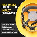 COOLJOB Full Brim Hard Hat, OSHA Construction Work Approved, HDPE Safety Helmet with 4 Point Adjustable Ratchet Suspension, Class E, G & C, Yellow COOLJOB