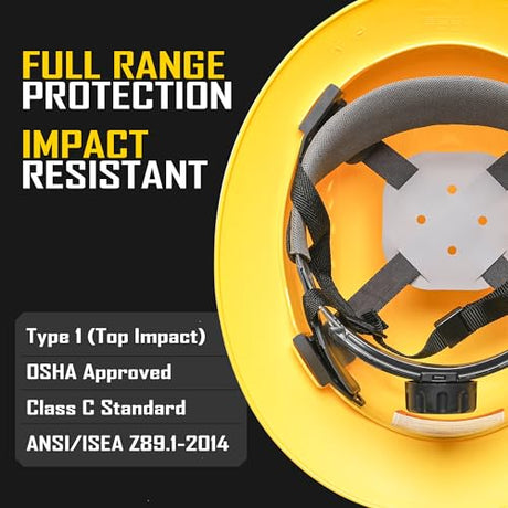 COOLJOB Full Brim Hard Hat, OSHA Construction Work Approved, HDPE Safety Helmet with 4 Point Adjustable Ratchet Suspension, Class E, G & C, Yellow COOLJOB