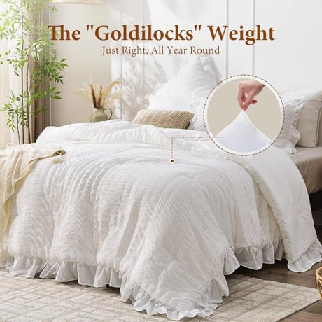 JOLLYVOGUE White Twin Size Comforter Set, 2 Pieces Seersucker Lightweight Fluffy Bedding Set, Twin Ruffle Comforter, All Season Soft Microfiber Shabby Chic Bed Set JOLLYVOGUE