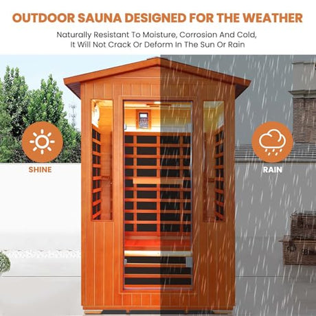 Outdoor Sauna 2 Person Sauna Infrared Saunas Dry Sauna Room 2080W/110V Low EMF Outer Board Red Cedar/Inner Board Fir Wood, Oxygen Bar, Speaker, LCD Control Screen, LED Lights - 48.8*38.2*81.9 in HOSAUNA
