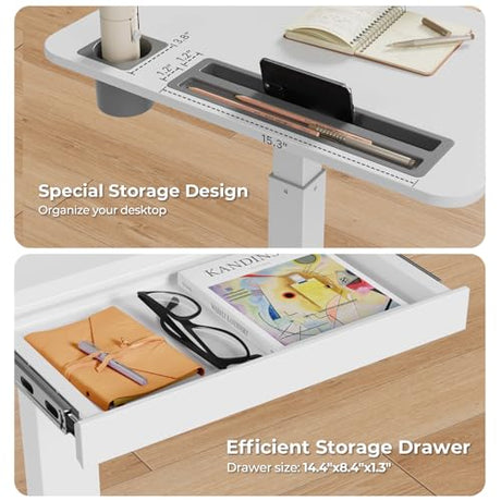 JYLH JOYSEEKER Mobile Standing Desk with Drawer, 28" Rolling Desk with Cup Holder and Hooks, Portable Laptop Cart on Wheels, Height Adjustable Workstation with Storage for Home Office, White JYLH JOYSEEKER