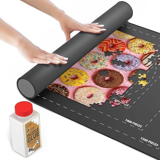 Point Games Rubber Puzzle Mat, Jigsaw Roll Up Mat for Puzzles - Jigsaw Mat 1500 Pieces Protector, Saver, Organizer, Non-Slip Rubber Bottom, Polyester Top w/Storage Bag + Bonus Puzzle Glue Point Games