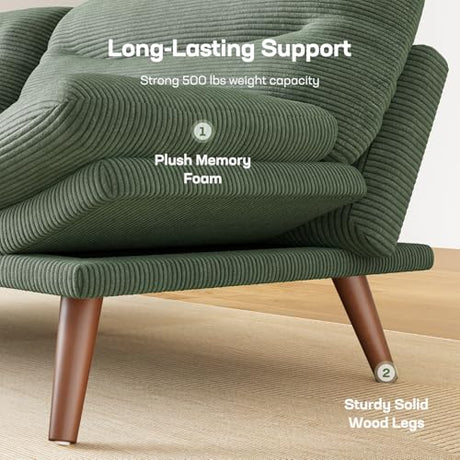 Marsail 66.1" Futon Sofa Bed, Corduroy Convertible Futon Couch with Adjustable Backrest & Armrests, Small Sleeper Sofa Loveseat for Small Apartments, Study Room, Office, Green Marsail